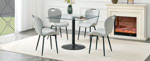 English Elm Table and Chair Set Square Tempered Glass Top Black Metal Pedestal Base 5 Piece Light Gray W1151S04960
