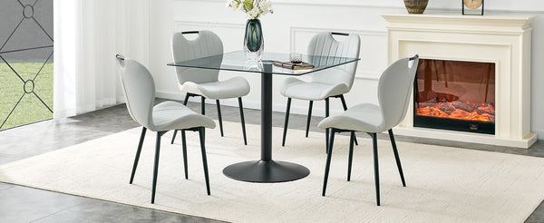 English Elm Table and Chair Set Square Tempered Glass Top Black Metal Pedestal Base 5 Piece Light Gray W1151S04960