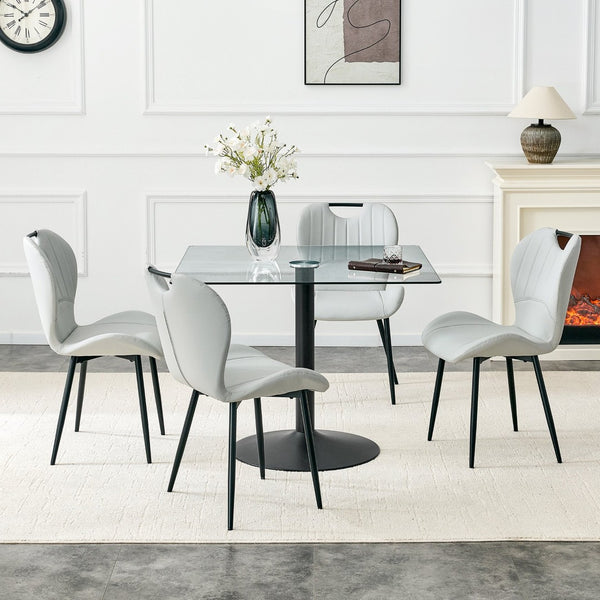 English Elm Table and Chair Set Square Tempered Glass Top Black Metal Pedestal Base 5 Piece Light Gray W1151S04960