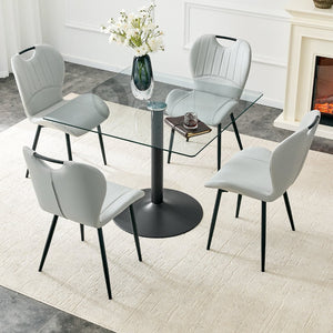 English Elm Table and Chair Set Square Tempered Glass Top Black Metal Pedestal Base 5 Piece Light Gray W1151S04960