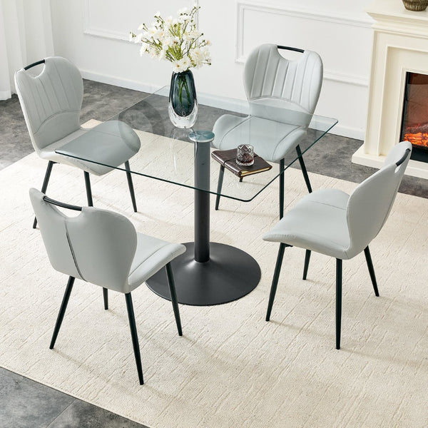 English Elm Table and Chair Set Square Tempered Glass Top Black Metal Pedestal Base 5 Piece Light Gray W1151S04960