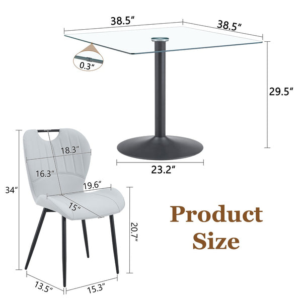 English Elm Table and Chair Set Square Tempered Glass Top Black Metal Pedestal Base 5 Piece Light Gray W1151S04960