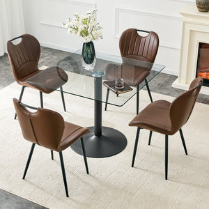 English Elm Table and Chair Set Square Tempered Glass Top Black Metal Pedestal Base 5 Piece Brown W1151S04961