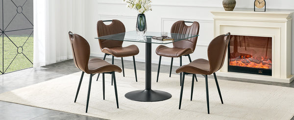English Elm Table and Chair Set Square Tempered Glass Top Black Metal Pedestal Base 5 Piece Brown W1151S04961