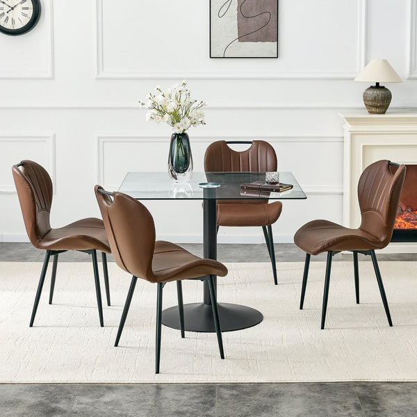 English Elm Table and Chair Set Square Tempered Glass Top Black Metal Pedestal Base 5 Piece Brown W1151S04961