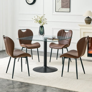 English Elm Table and Chair Set Square Tempered Glass Top Black Metal Pedestal Base 5 Piece Brown W1151S04961