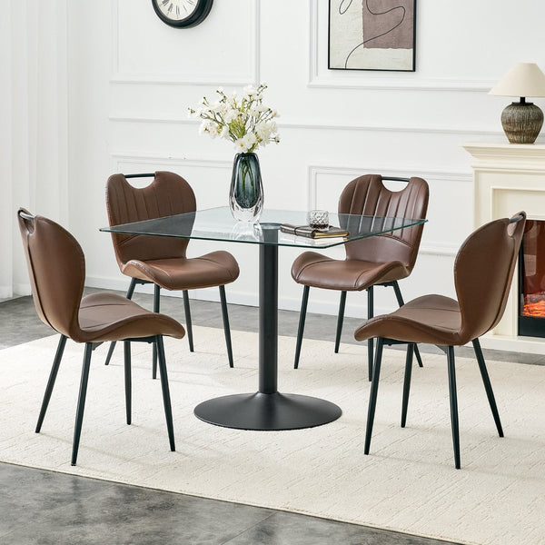 English Elm Table and Chair Set Square Tempered Glass Top Black Metal Pedestal Base 5 Piece Brown W1151S04961