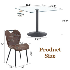 English Elm Table and Chair Set Square Tempered Glass Top Black Metal Pedestal Base 5 Piece Brown W1151S04961