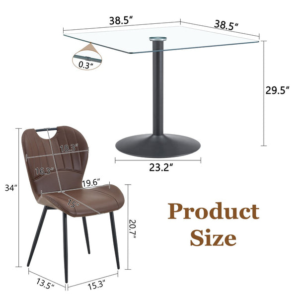 English Elm Table and Chair Set Square Tempered Glass Top Black Metal Pedestal Base 5 Piece Brown W1151S04961