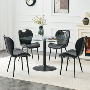 English Elm Table and Chair Set Square Tempered Glass Top Pedestal Base with 4 Pu Dining Seats Black Chairs W1151S04962