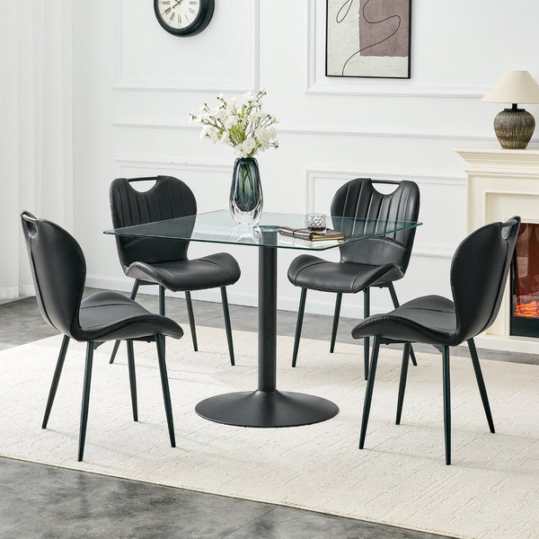 English Elm Table and Chair Set Square Tempered Glass Top Pedestal Base with 4 Pu Dining Seats Black Chairs W1151S04962