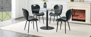 English Elm Table and Chair Set Square Tempered Glass Top Pedestal Base with 4 Pu Dining Seats Black Chairs W1151S04962