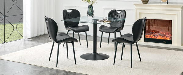 English Elm Table and Chair Set Square Tempered Glass Top Pedestal Base with 4 Pu Dining Seats Black Chairs W1151S04962