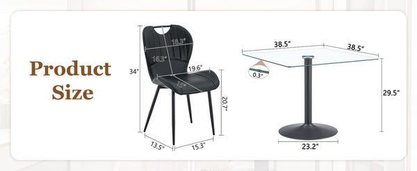 English Elm Table and Chair Set Square Tempered Glass Top Pedestal Base with 4 Pu Dining Seats Black Chairs W1151S04962