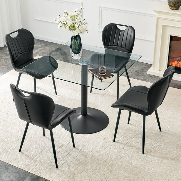 English Elm Table and Chair Set Square Tempered Glass Top Pedestal Base with 4 Pu Dining Seats Black Chairs W1151S04962
