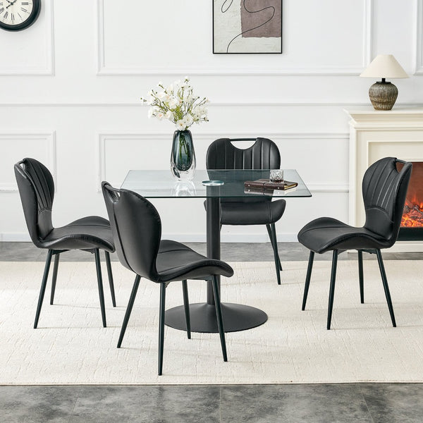 English Elm Table and Chair Set Square Tempered Glass Top Pedestal Base with 4 Pu Dining Seats Black Chairs W1151S04962
