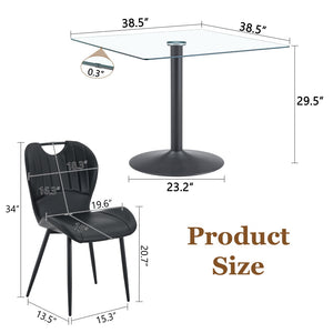 English Elm Table and Chair Set Square Tempered Glass Top Pedestal Base with 4 Pu Dining Seats Black Chairs W1151S04962