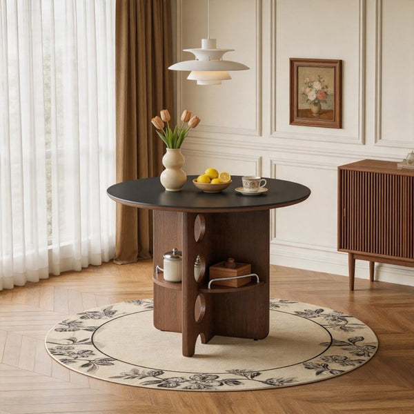 English Elm Medieval-style Sintered Stone Round Dining Table with Storage Shelf for Compact Spaces Black Walnut W1151S04964