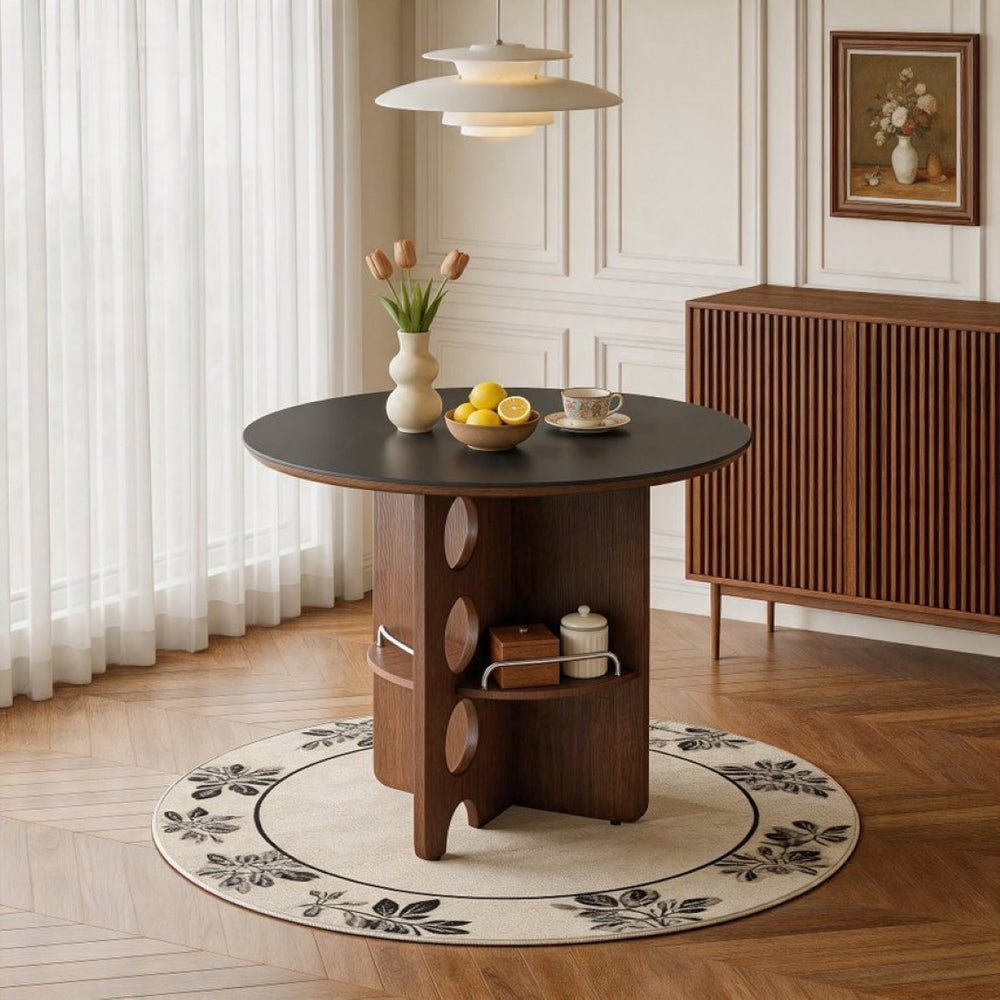 English Elm Medieval-style Sintered Stone Round Dining Table with Storage Shelf for Compact Spaces Black Walnut W1151S04964