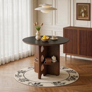 English Elm Medieval-style Sintered Stone Round Dining Table with Storage Shelf for Compact Spaces Black Walnut W1151S04964