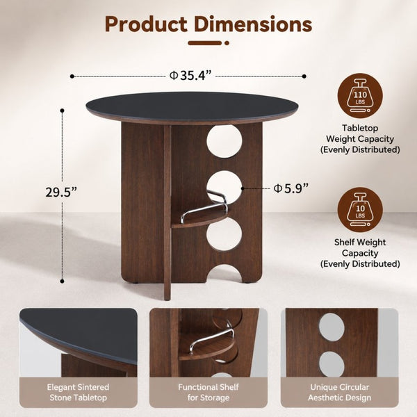 English Elm Medieval-style Sintered Stone Round Dining Table with Storage Shelf for Compact Spaces Black Walnut W1151S04964