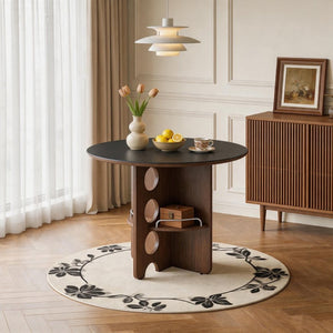 English Elm Medieval-style Sintered Stone Round Dining Table with Storage Shelf for Compact Spaces Black Walnut W1151S04964