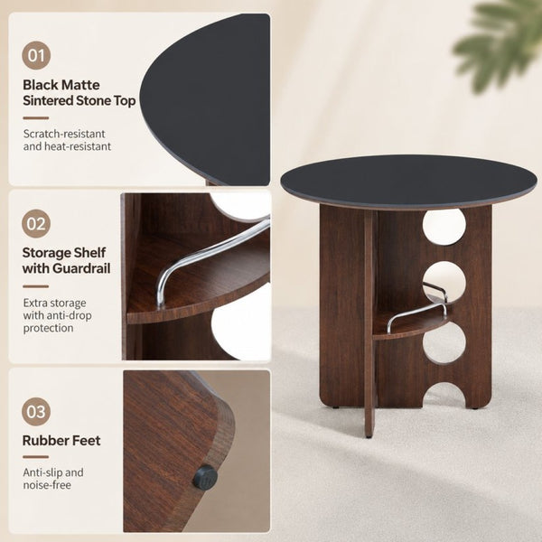 English Elm Medieval-style Sintered Stone Round Dining Table with Storage Shelf for Compact Spaces Black Walnut W1151S04964