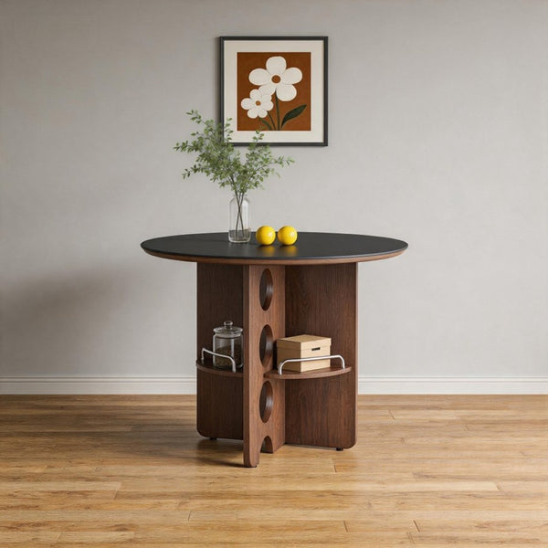 English Elm Medieval-style Sintered Stone Round Dining Table with Storage Shelf for Compact Spaces Black Walnut W1151S04964