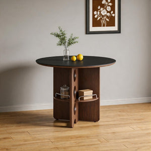 English Elm Medieval-style Sintered Stone Round Dining Table with Storage Shelf for Compact Spaces Black Walnut W1151S04964
