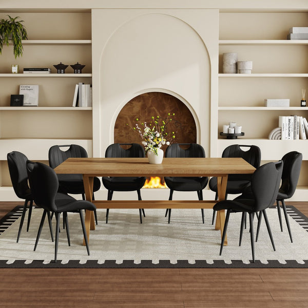 English Elm Table and Chair Set 9 Piece Industrial Dining with Mdf Top X Frame Metal Base Wood Grain Black W1151S04966
