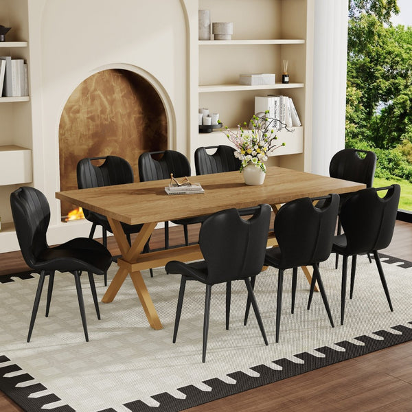 English Elm Table and Chair Set 9 Piece Industrial Dining with Mdf Top X Frame Metal Base Wood Grain Black W1151S04966