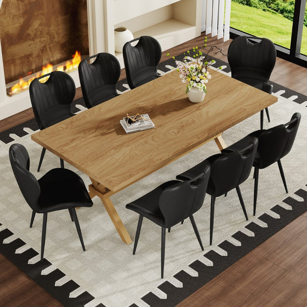 English Elm Table and Chair Set 9 Piece Industrial Dining with Mdf Top X Frame Metal Base Wood Grain Black W1151S04966