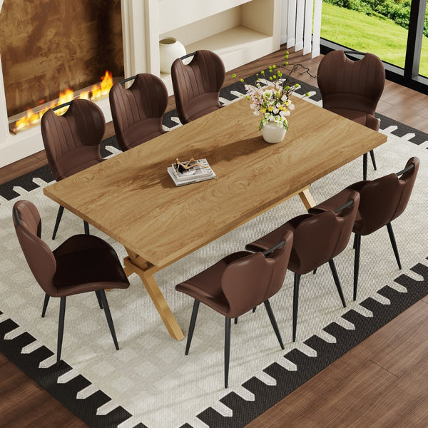 English Elm Table and Chair Set 9 Piece Industrial Dining with X Base and Brown Pu Leather Seating Wood W1151S04967
