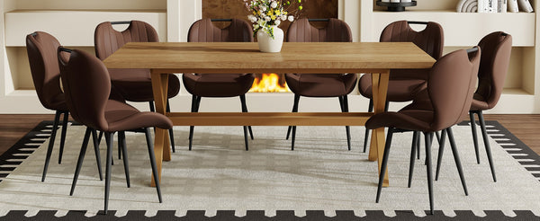 English Elm Table and Chair Set 9 Piece Industrial Dining with X Base and Brown Pu Leather Seating Wood W1151S04967