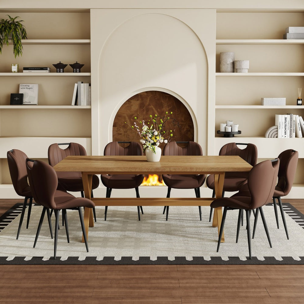 English Elm Table and Chair Set 9 Piece Industrial Dining with X Base and Brown Pu Leather Seating Wood W1151S04967