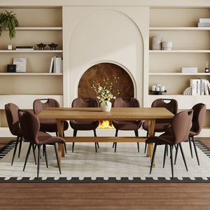English Elm Table and Chair Set 9 Piece Industrial Dining with X Base and Brown Pu Leather Seating Wood W1151S04967