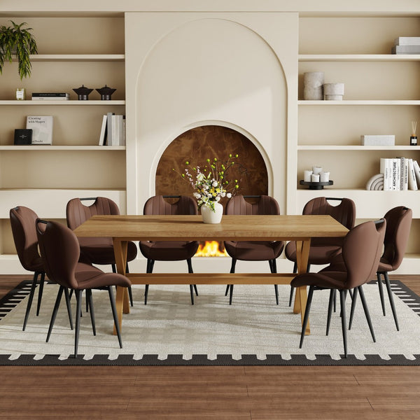 English Elm Table and Chair Set 9 Piece Industrial Dining with X Base and Brown Pu Leather Seating Wood W1151S04967