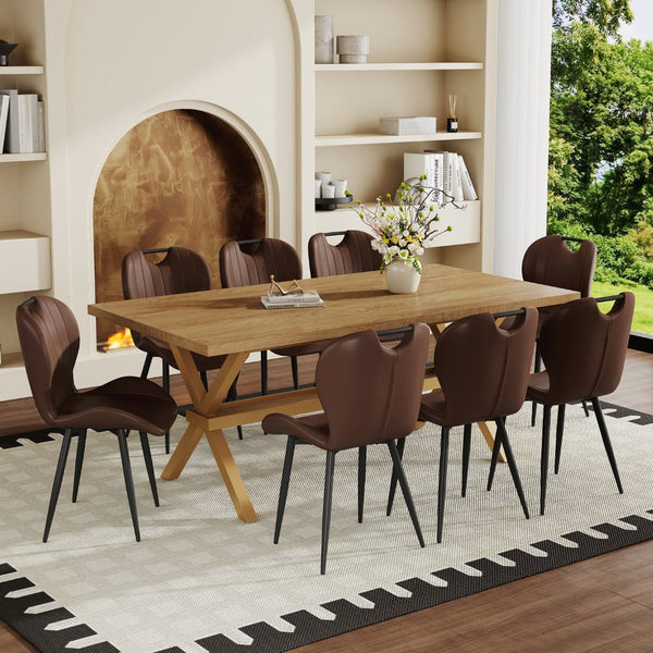English Elm Table and Chair Set 9 Piece Industrial Dining with X Base and Brown Pu Leather Seating Wood W1151S04967