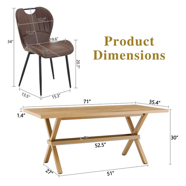 English Elm Table and Chair Set 9 Piece Industrial Dining with X Base and Brown Pu Leather Seating Wood W1151S04967