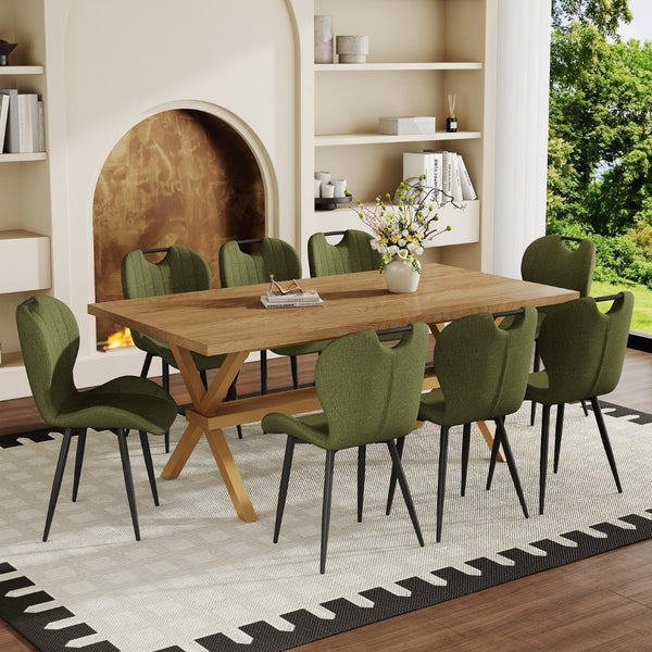 English Elm Table and Chair Set 9 Piece Walnut Mdf Top X Frame Seats Eight Dining Room Olive Green / Black / Wood W1151S04968