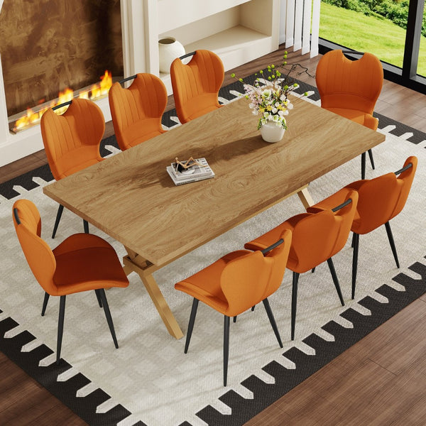 English Elm Table and Chair Set 8 Seat Industrial Walnut Mdf X Frame with Fabric Dining Chairs Black, Orange, Wood W1151S04969