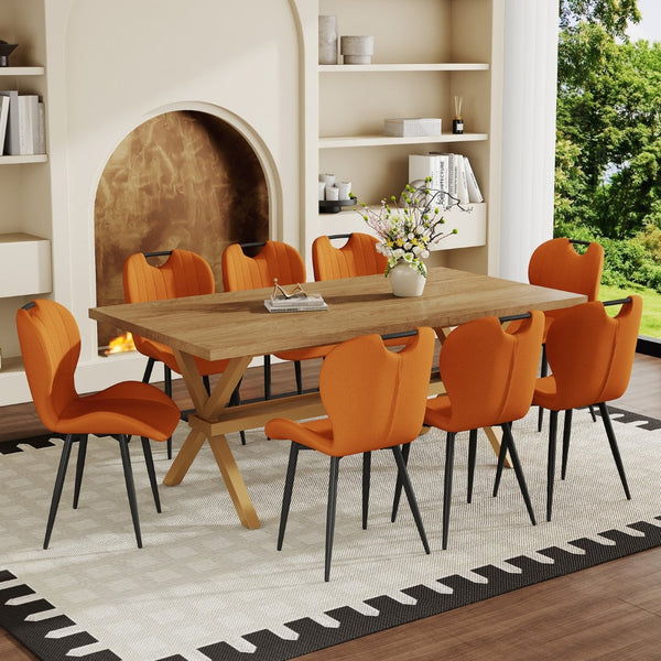 English Elm Table and Chair Set 8 Seat Industrial Walnut Mdf X Frame with Fabric Dining Chairs Black, Orange, Wood W1151S04969