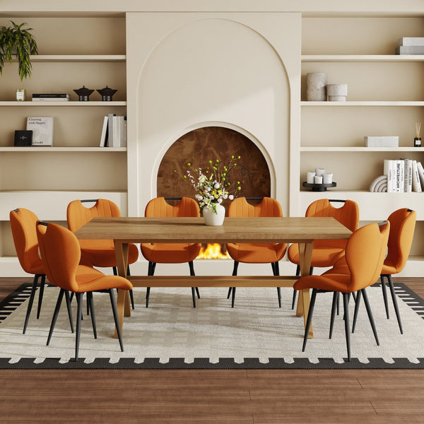 English Elm Table and Chair Set 8 Seat Industrial Walnut Mdf X Frame with Fabric Dining Chairs Black, Orange, Wood W1151S04969