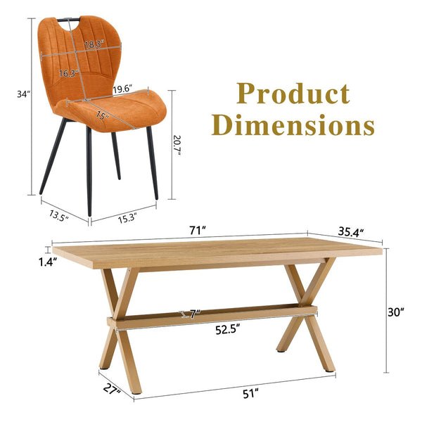English Elm Table and Chair Set 8 Seat Industrial Walnut Mdf X Frame with Fabric Dining Chairs Black, Orange, Wood W1151S04969