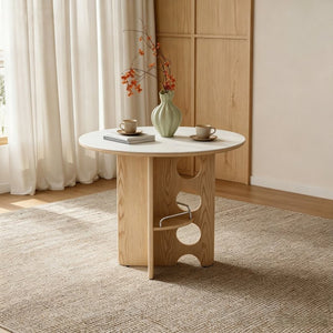 English Elm Medieval-style Sintered Stone Round Dining Table with Storage Shelf for Compact Spaces White Wood Grain W1151S04970