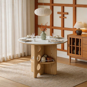 English Elm Medieval-style Sintered Stone Round Dining Table with Storage Shelf for Compact Spaces White Wood Grain W1151S04970