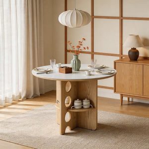 English Elm Medieval-style Sintered Stone Round Dining Table with Storage Shelf for Compact Spaces White Wood Grain W1151S04970