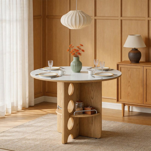 English Elm Medieval-style Sintered Stone Round Dining Table with Storage Shelf for Compact Spaces White Wood Grain W1151S04970