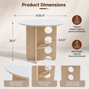 English Elm Medieval-style Sintered Stone Round Dining Table with Storage Shelf for Compact Spaces White Wood Grain W1151S04970