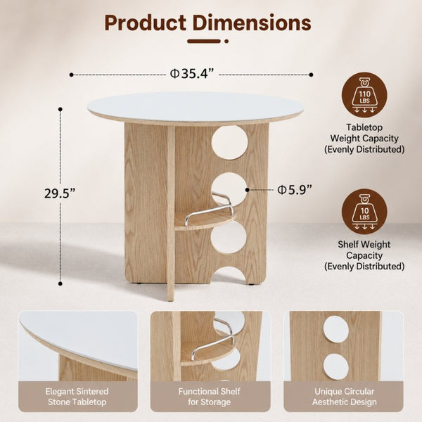 English Elm Medieval-style Sintered Stone Round Dining Table with Storage Shelf for Compact Spaces White Wood Grain W1151S04970